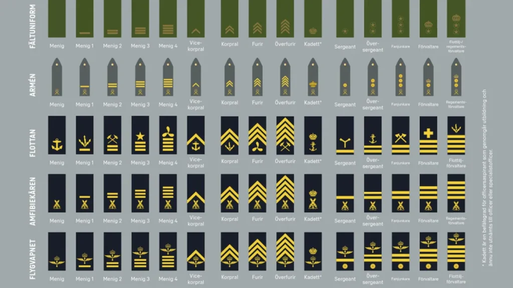 Militära grader i Sverige, hela listan över Försvarsmaktens rangordning