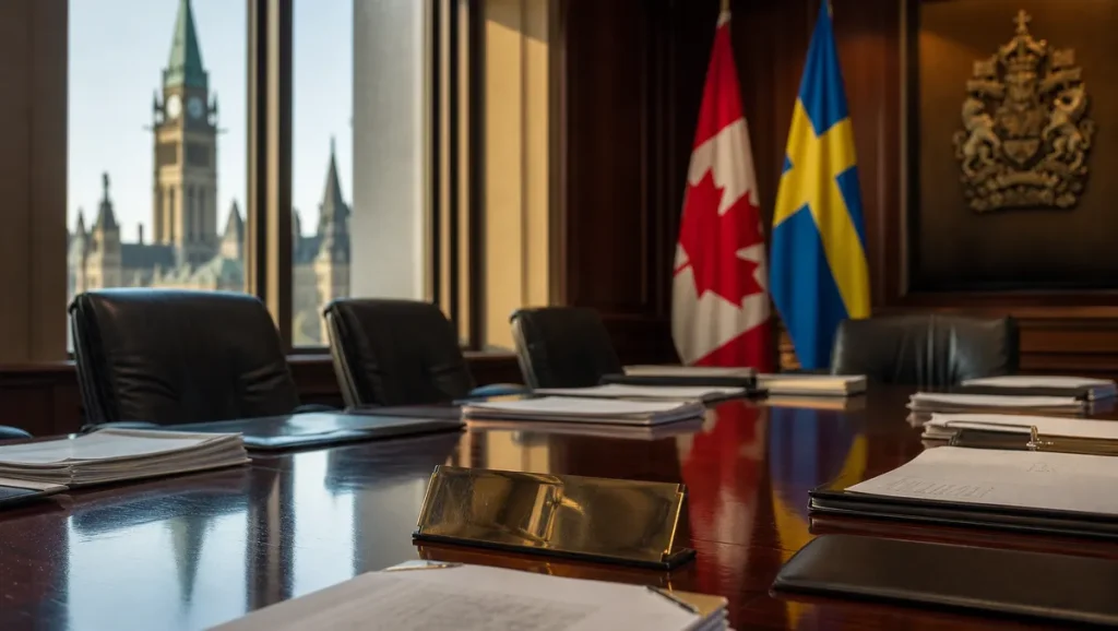 Konferensrum för försvarsupphandling i Ottawa med kanadensiska och svenska flaggor