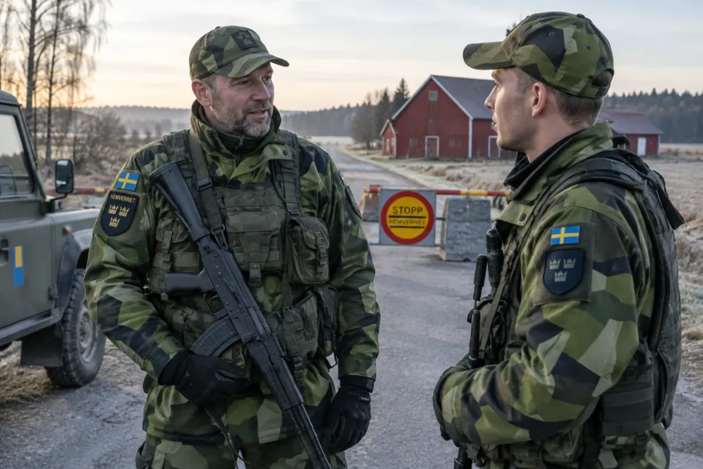 Hemvärnssoldater med Ak 4 vid en vägspärr på landsbygden