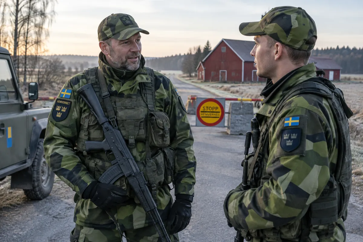 Hemvärnssoldater med Ak 4 vid en vägspärr på landsbygden